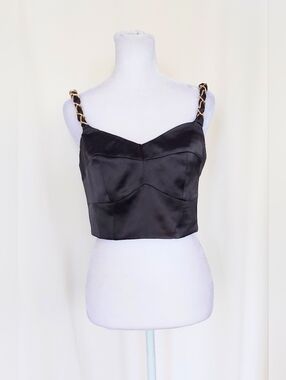 River Island Black Cropped Corset Top Gold Chain Strap Detail US 4 UK 8 NWT